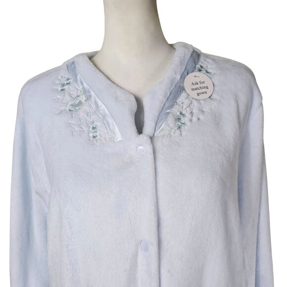 Miss Elaine Soft Blue Snap-Front Plush Robe Sz XL Satin Trim Pockets Grannycore - Picture 2 of 12